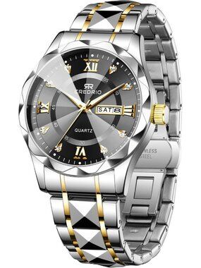 Mens Silver Black Stainless Steel Waterproof Diamond Analog Luminous Wrist Watch